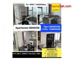 Disewakan Apartemen Benson Tipe 3 Bedroom FULL FURNISHED akses Pakuwon Mall Surabaya Barat Siap Huni